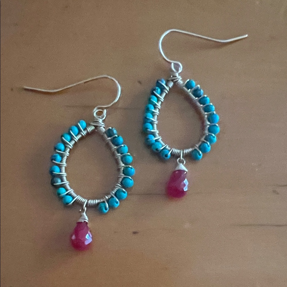 Turquoise and Red Beaded Teardrop Earrings